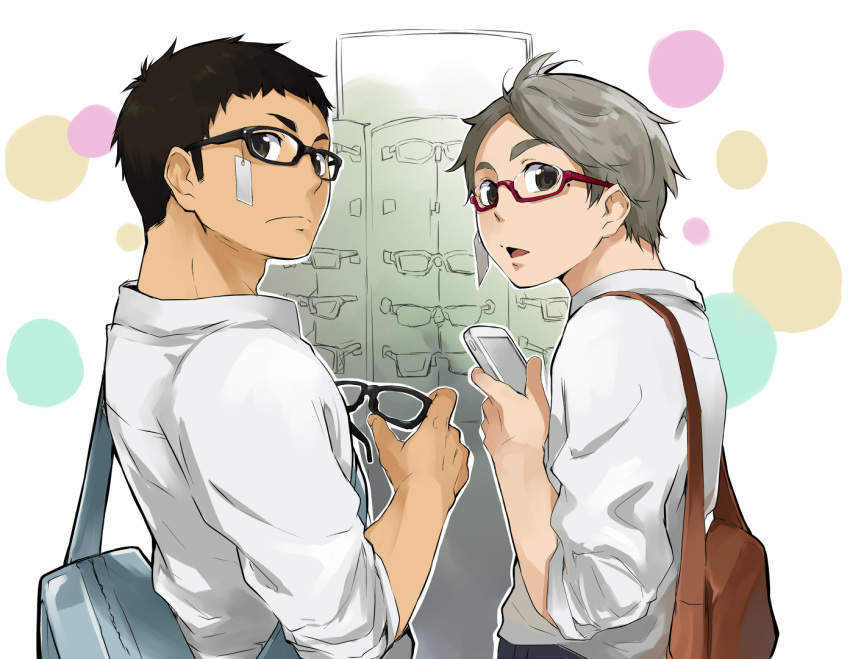 2boys 8_(yamalu) black_hair brown_eyes commentary_request glasses grey_hair haikyuu!! male_focus mole mole_under_eye multiple_boys muscular muscular_male pectorals sawamura_daichi shirt short_hair sideburns sugawara_koushi