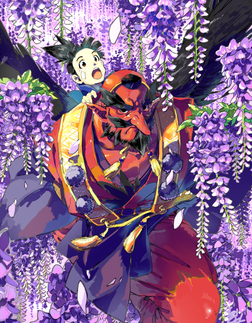 1boy beard black_eyes black_hair black_wings commentary_request facial_hair flower geta hat highres japanese_clothes kimidori_(dera_kimidori) male_focus open_mouth original tengu tengu-geta tokin_hat wings wisteria youkai