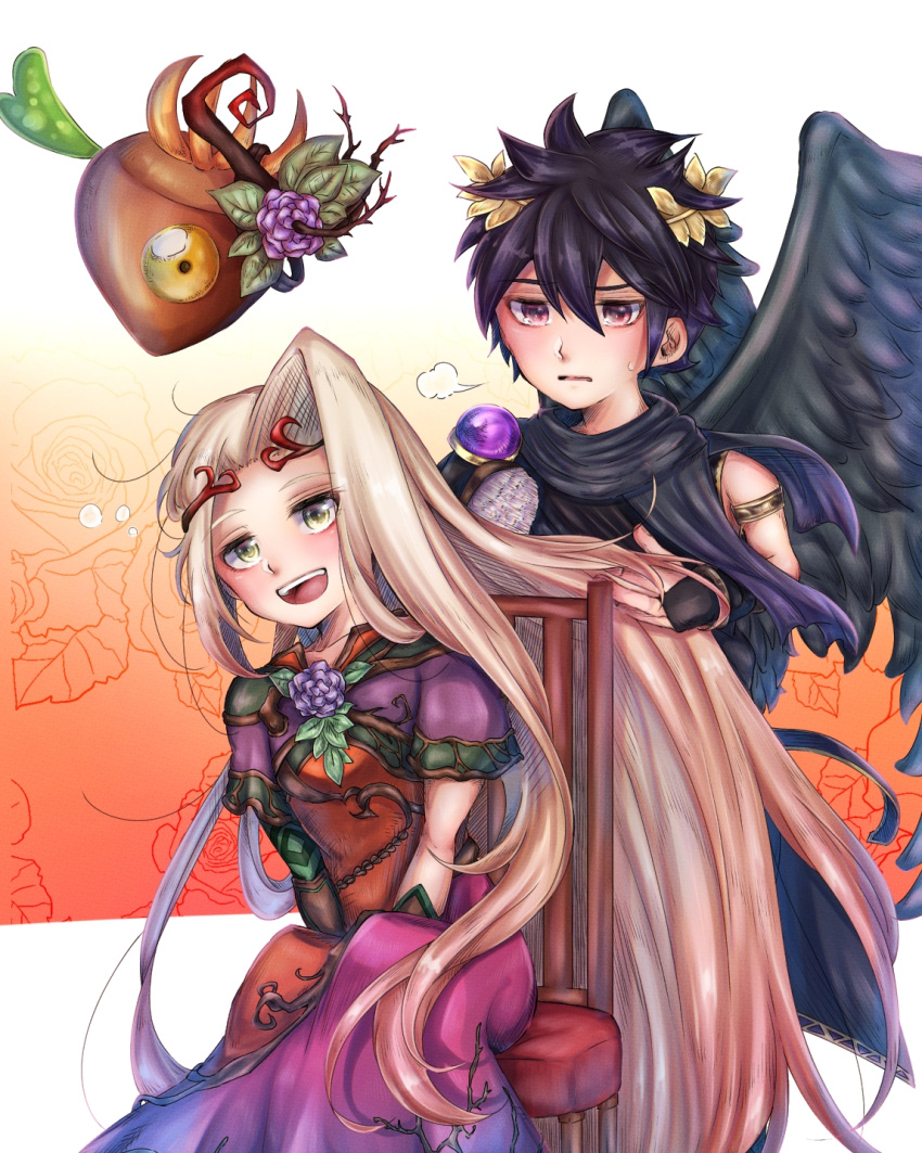 1boy 1girl 1other angel angel_wings black_hair black_wings blonde_hair blush chair dark_pit dress eyebrows_visible_through_hair flower goddess hair_flower hair_ornament hairband highres holding_another's_hair kid_icarus kid_icarus_uprising leaf leaf_background long_hair looking_at_another nachure nintendo on_chair red_eyes single_eye sitting smile sweat ut_kakinotane very_long_hair wings yellow_eyes