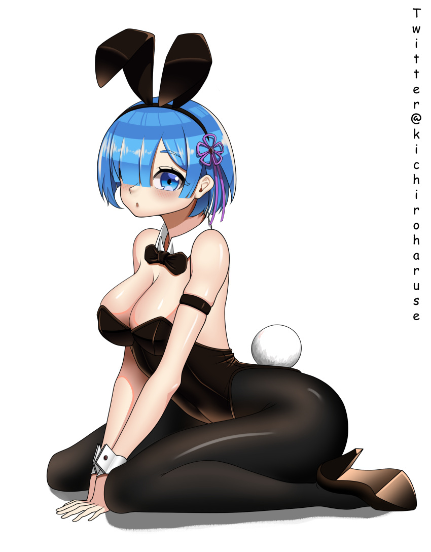 1girl absurdres alternate_costume animal_ears armband black_bow black_bowtie black_footwear black_legwear black_leotard blue_eyes blue_hair bow bowtie breasts cleavage detached_collar full_body hair_ornament hair_over_one_eye hair_ribbon haruse_(kichiroharuse) highres leotard looking_at_viewer medium_breasts pantyhose pink_ribbon playboy_bunny rabbit_ears rabbit_tail re:zero_kara_hajimeru_isekai_seikatsu rem_(re:zero) ribbon short_hair simple_background solo strapless strapless_leotard tail twitter_username white_background wrist_cuffs x_hair_ornament