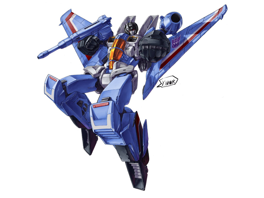 arm_cannon clenched_hands decepticon english_commentary head_tilt highres looking_at_viewer mecha mechanical_wings no_humans science_fiction solo thundercracker transformers weapon white_background wings yinghawk