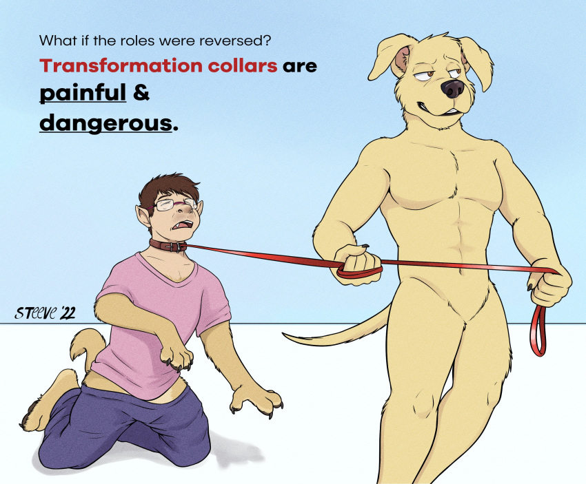 absurd_res anthro biped black_nose canid canine canis claws clothed clothing collar domestic_dog duo english_text fur fur_growth growth hi_res human leash male mammal meme mid_transformation nude pawpads species_transformation stickmanwww tail_growth text transformation yellow_body yellow_fur