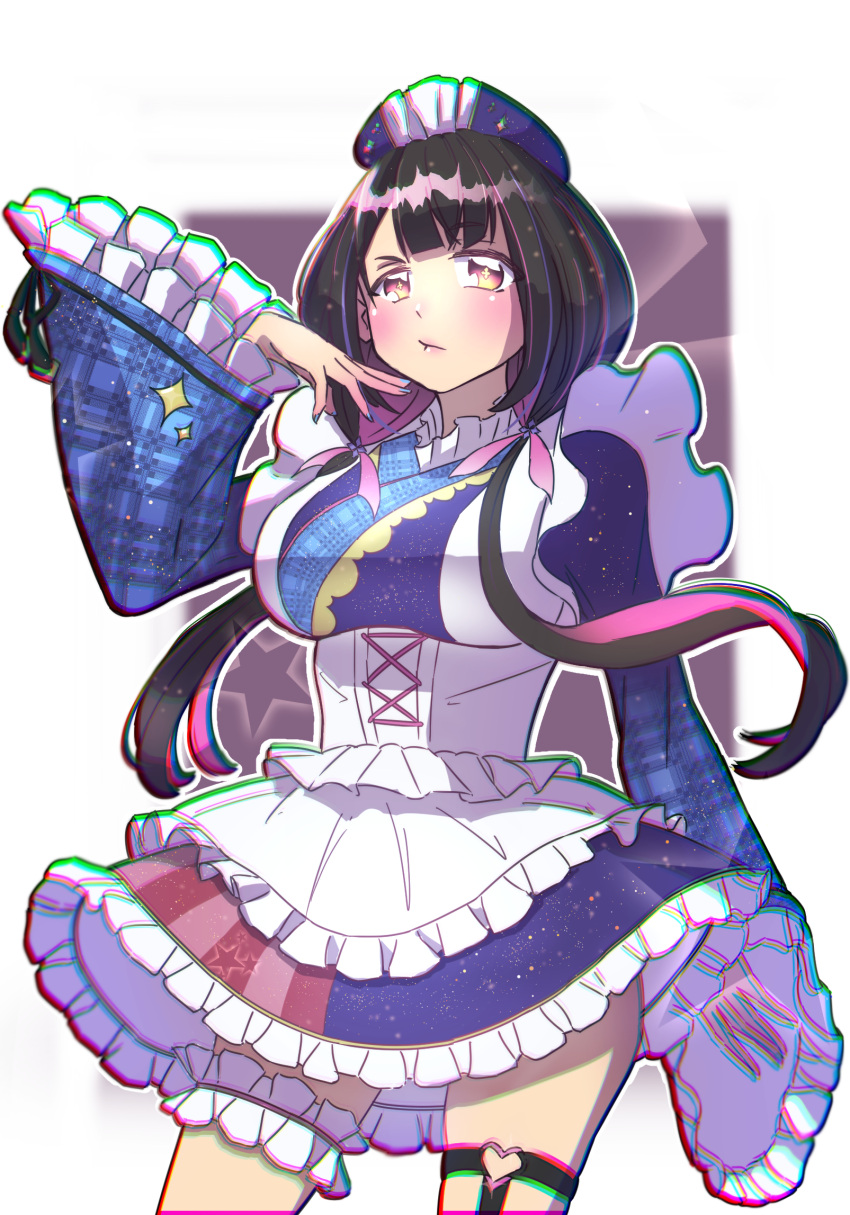 1girl apron black_hair black_ribbon blue_headwear blue_kimono blue_skirt blush breasts chromatic_aberration collar colored_inner_hair commentary flower frilled_apron frilled_collar frilled_kimono frilled_skirt frilled_sleeves frills gradient_eyes hair_flower hair_ornament hair_ribbon hand_on_own_cheek hand_on_own_face headwear_request heart_ring highres hina_misora japanese_clothes kimono kimono_skirt large_breasts lolita_fashion long_hair looking_at_viewer low-tied_long_hair maid_apron multicolored_clothes multicolored_eyes multicolored_hair multicolored_skirt o-ring o-ring_legwear o-ring_thigh_strap pink_eyes pink_hair pink_ribbon pink_skirt pout ribbon ribbon-trimmed_sleeves ribbon_trim shiny shiny_hair skirt solo star_(symbol) star_print streaked_hair thigh_strap trebas two-tone_hair v-shaped_eyebrows virtual_youtuber wa_lolita wactor_production white_apron wide_sleeves yellow_eyes