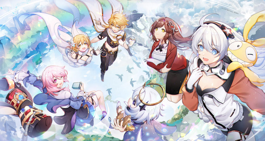 1boy 5girls :d aether_(genshin_impact) bangs bird black_eyes black_scarf black_skirt blonde_hair blue_eyes blue_jacket blue_sky bodysuit braid braided_ponytail breasts brown_hair brown_pants camera cape cleavage closed_mouth cloud cloudy_sky company_connection crossover floating full_body genshin_impact green_eyes hair_ornament halo highres holding holding_camera homu_(honkai_impact) honkai:_star_rail honkai_(series) honkai_impact_3rd jacket kiana_kaslana kiana_kaslana_(white_comet) long_hair long_sleeves looking_at_viewer lumine_(genshin_impact) march_7th_(honkai:_star_rail) medium_hair mihoyo_technology_(shanghai)_co._ltd. multiple_girls nana895 one_eye_closed open_mouth outdoors outstretched_arms paimon_(genshin_impact) pants pink_eyes pink_hair polo_shirt pom_pom rainbow red_jacket rosa_(tears_of_themis) scarf shirt short_sleeves skirt sky smile tears_of_themis twin_braids white_bodysuit white_cape white_hair white_scarf white_shirt yellow_eyes