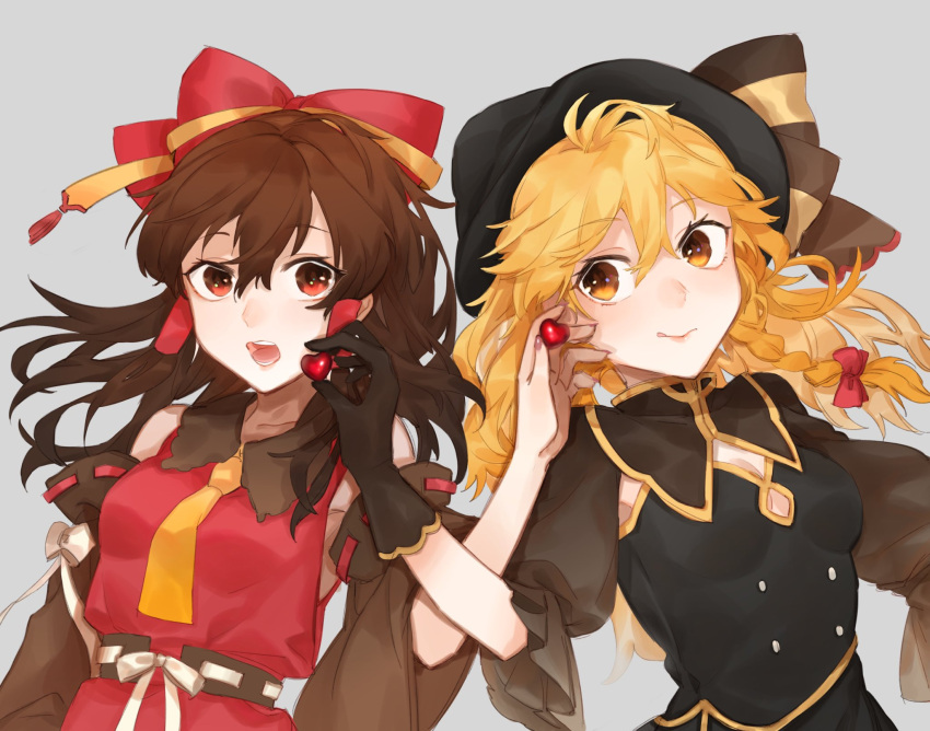 2girls :q adapted_costume armpit_peek bangs bare_shoulders black_gloves black_vest bow breasts brown_hair collarbone cowlick detached_sleeves eyebrows_visible_through_hair food gloves gold_trim hair_between_eyes hair_bow hair_tubes hakurei_reimu heart highres holding holding_food kirisame_marisa light_blush long_hair looking_at_another looking_at_viewer looking_to_the_side medium_breasts multiple_girls nail_polish necktie open_mouth orange_eyes purple_nails red_bow red_eyes red_vest sharing_food shidaccc sleeves_past_elbows small_breasts teeth tongue tongue_out touhou upper_body vest wide_sleeves yellow_necktie
