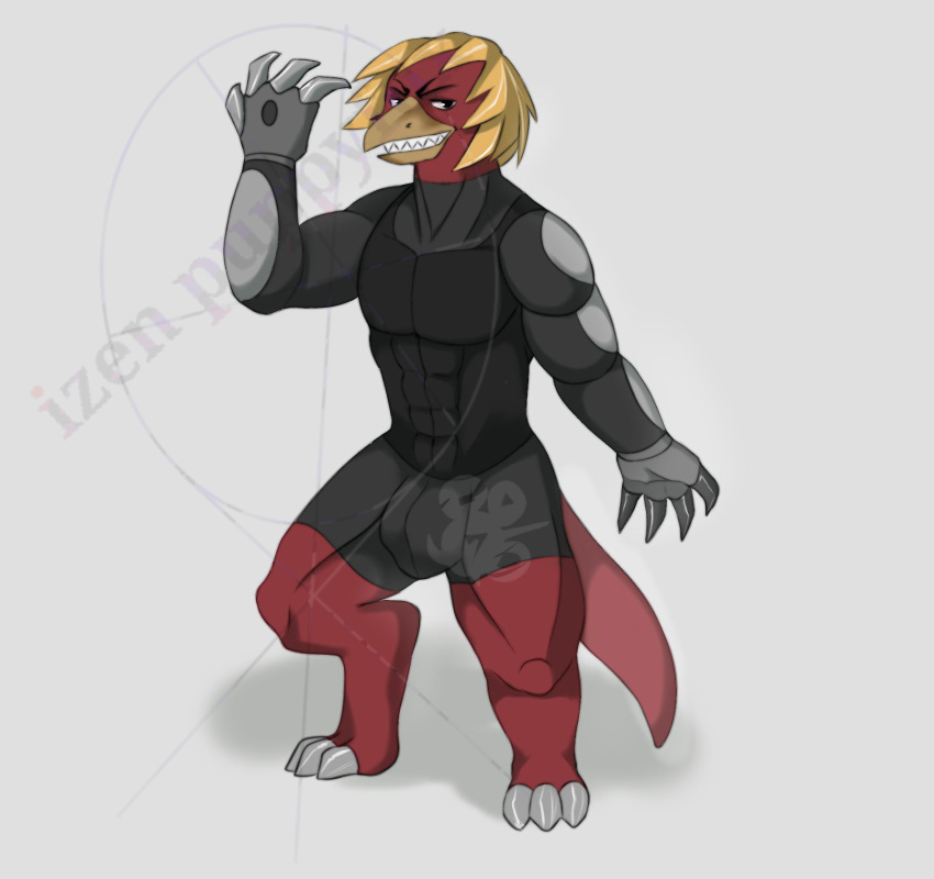 anthro armor armored_gloves beak bulge clawed_fingers clawed_toes clothing digitigrade fingerless_gloves gloves golden_quills grey_clothing handwear hi_res hsketch4 izen_puppyfox male metal_claws muscular muscular_anthro muscular_male quills red_body red_skin reisu reptile_tail solo trericultua