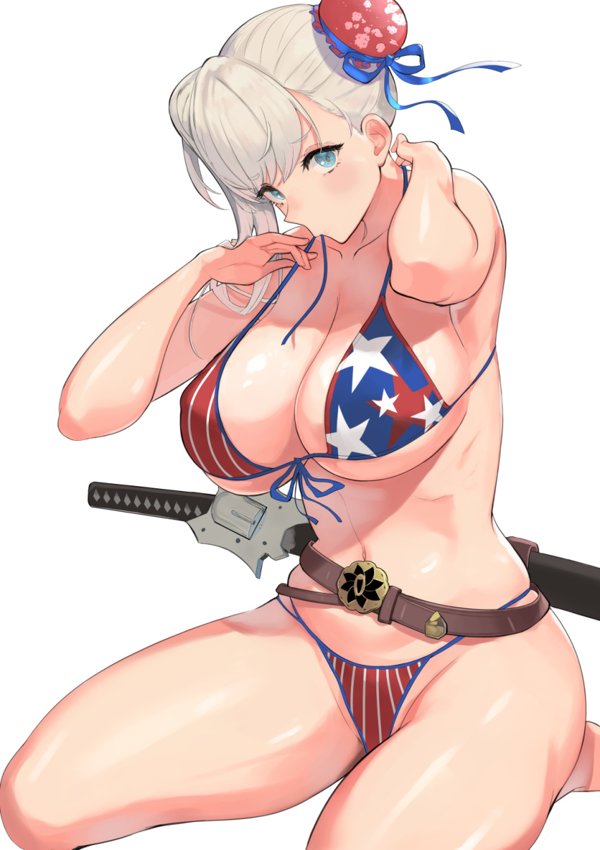 1girl american_flag_bikini bangs bare_shoulders belt bikini blue_eyes blush breasts bun_cover choker cleavage collarbone fate/grand_order fate_(series) flag_print gunblade hair_bun hair_ribbon hareno_chiame highres large_breasts long_hair looking_at_viewer miyamoto_musashi_(fate) miyamoto_musashi_(swimsuit_berserker)_(fate) navel pink_hair ribbon seiza side_bun sitting solo swept_bangs swimsuit thighs weapon