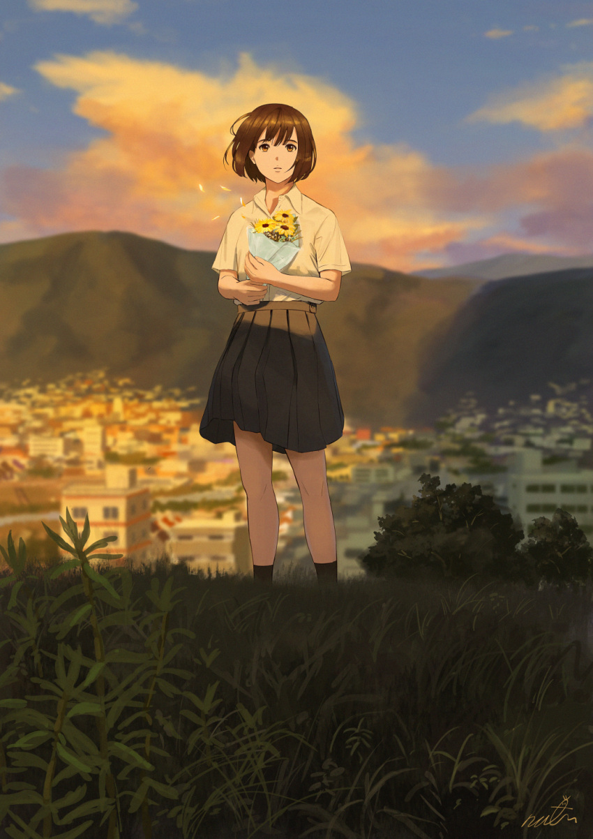 1girl ankle_socks black_legwear black_skirt bob_cut bouquet brown_eyes brown_hair city cloud cloudy_sky commentary facing_viewer flower grass highres holding holding_bouquet holding_flower mountain original papi_(papiron100) parted_lips pleated_skirt shirt short_hair short_sleeves signature skirt sky socks solo sunset white_shirt yellow_flower