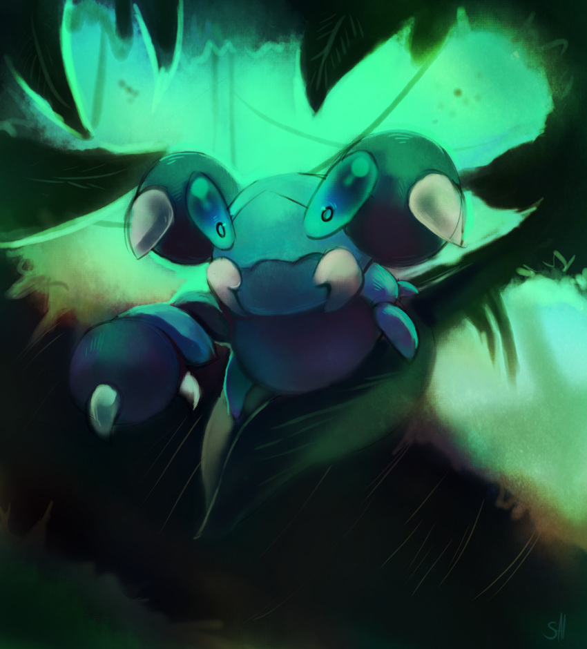 blue_eyes claws closed_mouth commentary_request forest full_body highres leaf nature no_humans outdoors plant pokemon pokemon_(creature) salanchu skorupi solo standing tusks vines