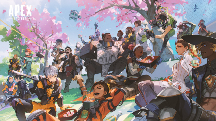 1other 6+boys 6+girls android apex_legends ash_(titanfall_2) bangalore_(apex_legends) beige_gloves bird black_bodysuit black_footwear black_headwear black_scarf blonde_hair bloodhound_(apex_legends) blue_bodysuit blue_eyes blue_jacket bodysuit boots braid breasts camera caustic_(apex_legends) cherry_blossoms cropped_jacket crossed_legs crow crypto_(apex_legends) d.o.c._health_drone dango dark-skinned_female dark-skinned_male dark_skin double_bun dreadlocks everyone facial_hair floating_hair food fuse_(apex_legends) gibraltar_(apex_legends) goggles green_scarf grey_hair hack_(apex_legends) hair_behind_ear hand_in_pocket highres holding holding_camera holding_stuffed_toy hood hood_up horizon_(apex_legends) humanoid_robot iwamoto_zerogo jacket jetpack knee_boots knee_pads lifeline_(apex_legends) loba_(apex_legends) long_hair looking_down looking_up mad_maggie_(apex_legends) mask medium_breasts mirage_(apex_legends) missile_pod mouth_mask multiple_boys multiple_girls mustache navel octane_(apex_legends) official_art olympus_(apex_legends) open_hands open_mouth orange_bodysuit orange_hair pants pathfinder_(apex_legends) ponytail rampart_(apex_legends) red_hair revenant_(apex_legends) scarf seer_(apex_legends) short_hair simulacrum_(titanfall) sitting sky smile soul_patch stretch stuffed_toy tree twin_braids v-shaped_eyebrows valkyrie_(apex_legends) wagashi wattson_(apex_legends) white_bodysuit white_jacket white_pants wraith_(apex_legends)