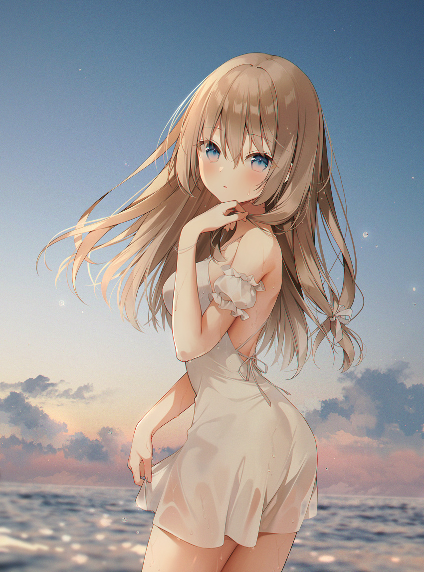 1girl ass bare_shoulders blue_eyes blush brown_hair cloud dress dusk from_behind hand_on_own_face hand_to_own_mouth highres long_hair looking_at_viewer looking_back ocean original outdoors see-through short_dress sky solo strapless strapless_dress sundress thighs wading water weri wet wet_clothes wet_dress white_dress