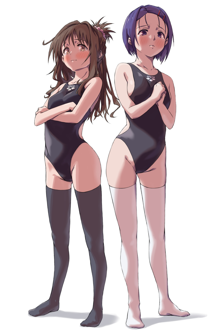 2girls absurdres arad_baranga black_legwear blush brown_eyes brown_hair commentary competition_swimsuit hair_ornament highres long_hair looking_at_viewer medium_hair multiple_girls one-piece_swimsuit over-kneehighs purple_hair sairenji_haruna simple_background swimsuit thighhighs to_love-ru to_love-ru_darkness white_legwear yuuki_mikan