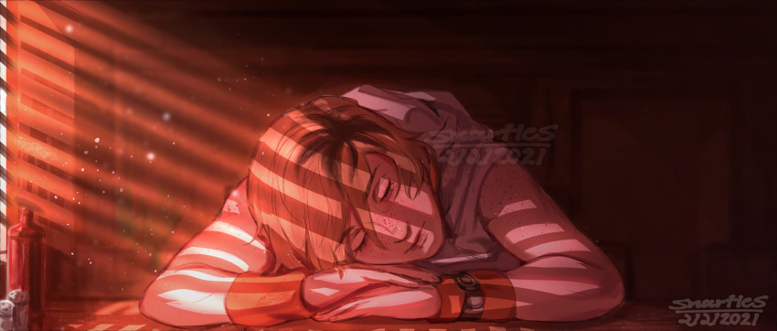 1girl blonde_hair closed_eyes freckles head_on_arm heather_mason highres hood hoodie indoors light_particles multicolored_hair short_hair silent_hill silent_hill_3 sleeping sleeveless sleeveless_hoodie snartles solo watch window