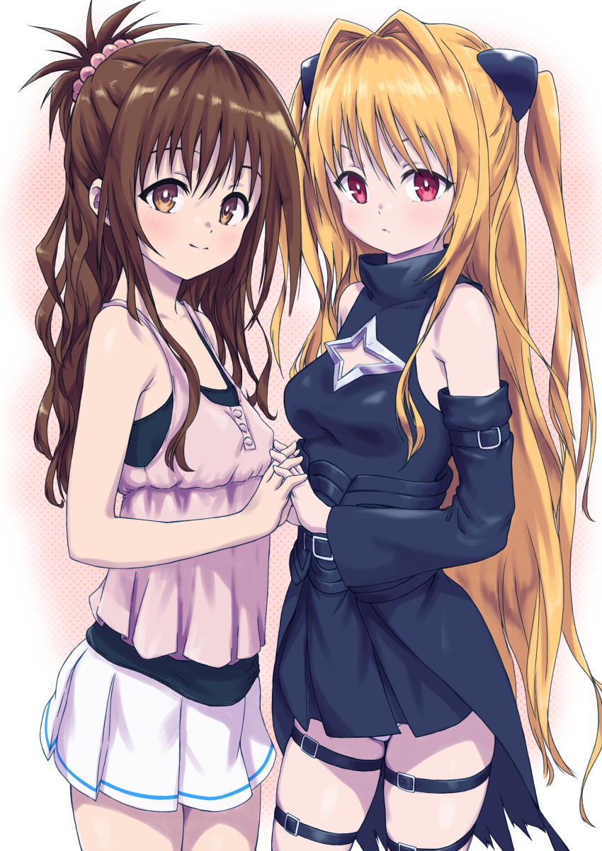 2girls absurdres arad_baranga blonde_hair blush brown_eyes brown_hair commentary detached_sleeves hair_bobbles hair_ornament highres holding_hands konjiki_no_yami long_hair looking_at_viewer multiple_girls panties red_eyes skirt thigh_strap to_love-ru to_love-ru_darkness underwear yuuki_mikan