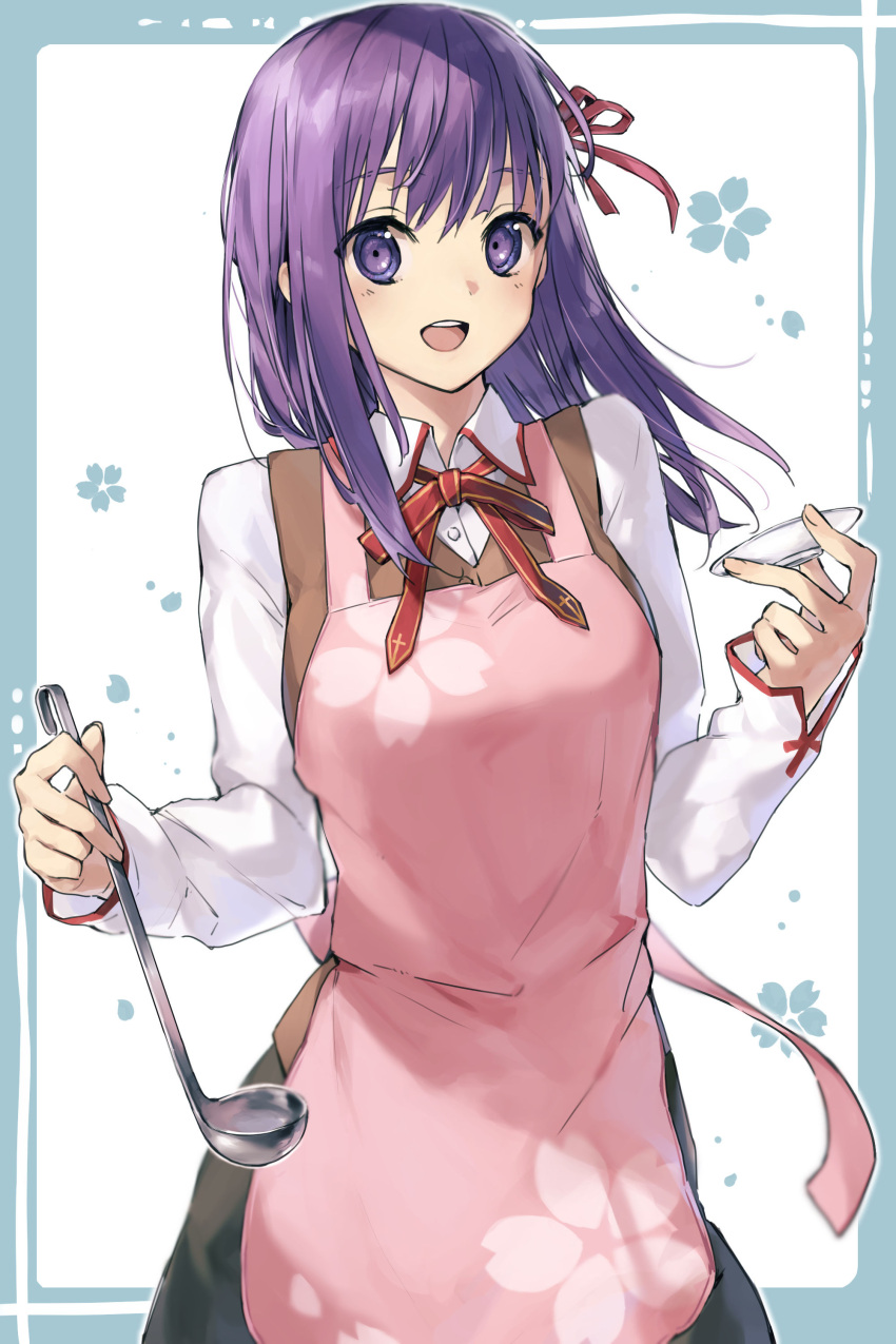 1girl :d absurdres apron brown_vest collared_shirt cowboy_shot dress_shirt fate/stay_night fate_(series) grey_skirt hair_ribbon highres holding homurahara_academy_uniform long_hair looking_at_viewer matou_sakura neck_ribbon pink_apron purple_eyes purple_hair red_ribbon ribbon shigure_(shigure_43) shiny shiny_hair shirt skirt smile solo standing straight_hair vest white_shirt wing_collar