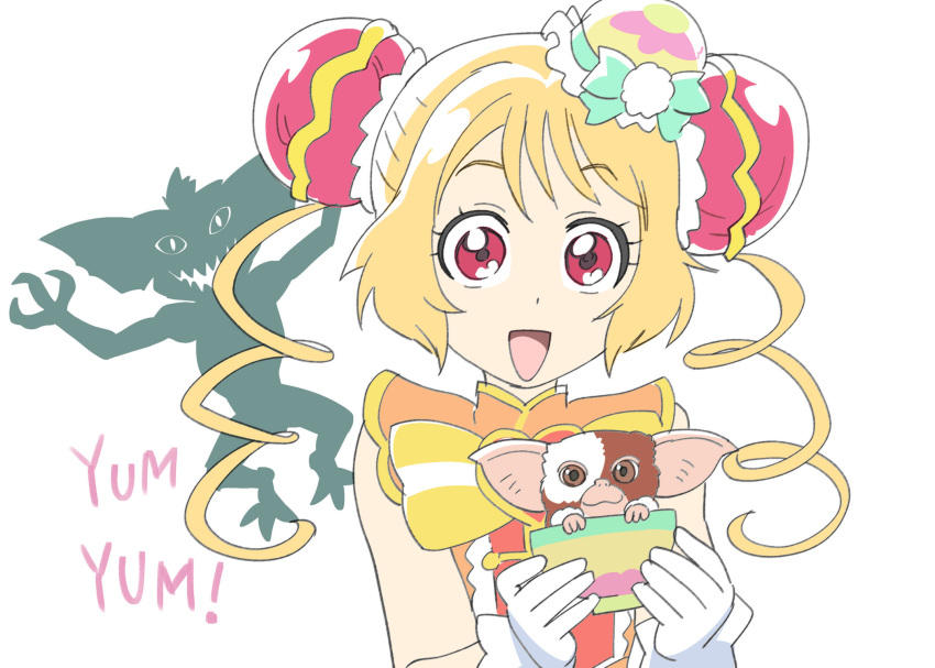 1girl blonde_hair bun_cover character_name commentary_request crossover cure_yum-yum delicious_party_precure gizmo_(gremlins) gloves gremlin_(gremlins) gremlins hanamichi_ran highres magical_girl mogwai open_mouth precure red_eyes shirt short_hair simple_background sleeveless sleeveless_shirt smile triple_bun ueyama_michirou upper_body white_background white_gloves