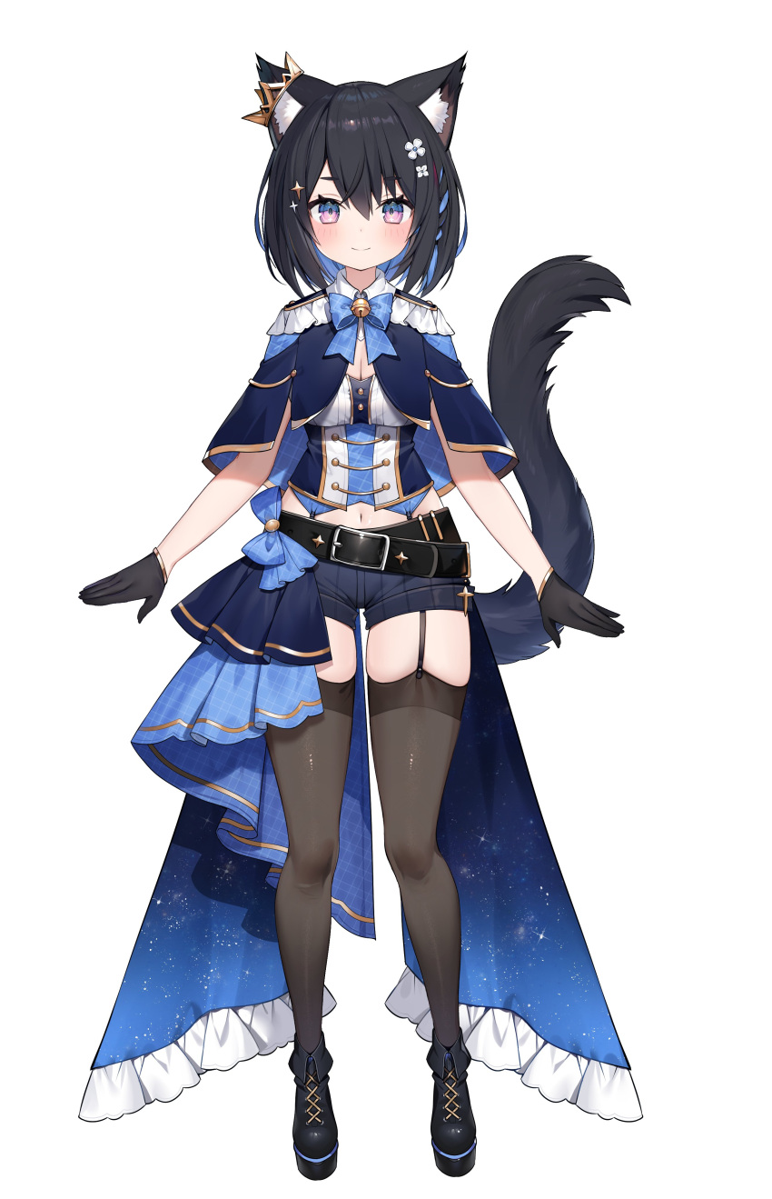 1girl absurdres animal_ear_fluff animal_ears bangs banned_artist black_footwear black_hair black_legwear blue_cape blue_capelet blue_hair blue_shorts blush breasts cape capelet cat_ears cat_girl cat_tail colored_inner_hair highres hoshina_suzu medium_breasts multicolored_hair muryotaro navel official_art purple_eyes second-party_source short_hair shorts skindentation smile solo tail thighhighs virtual_youtuber wactor_production white_background