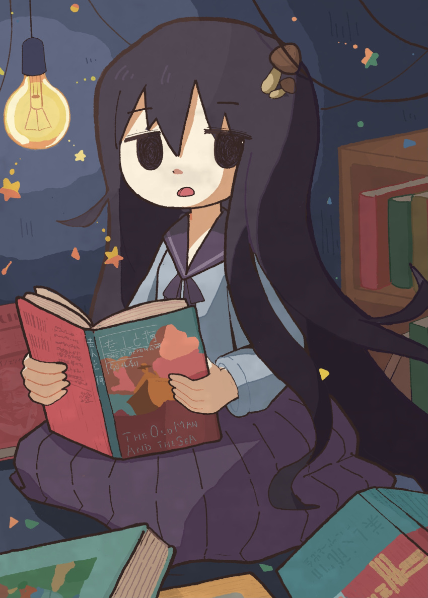 1girl absurdres black_eyes black_hair black_skirt book bookshelf eyebrows_visible_through_hair highres hishimatope holding holding_book long_hair long_sleeves looking_at_viewer mushroom parted_lips pleated_skirt shimeji_simulation skirt solo tsukushima_shijima