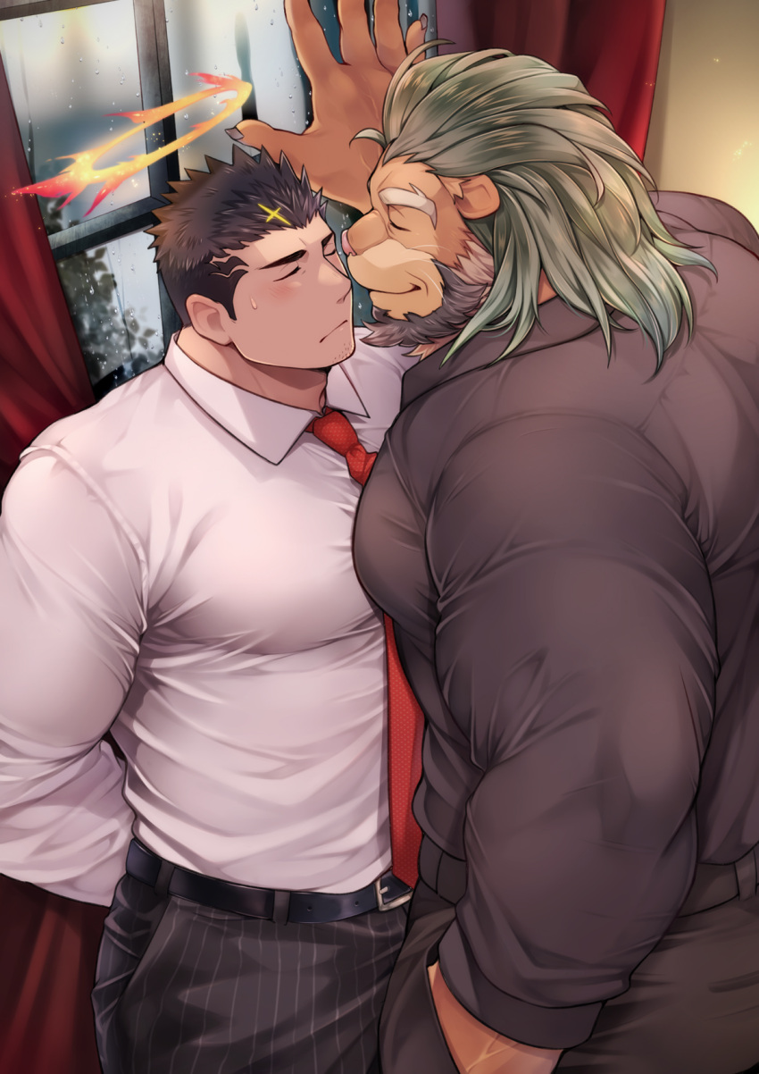 2boys animal_ears arsalan_(housamo) bara beard black_hair blush commentary_request facial_hair formal furry furry_male furry_with_non-furry green_hair halo highres interspecies large_pectorals lion_boy lion_ears lion_tail male_focus mature_male multicolored_hair multiple_boys muscular muscular_male necktie official_alternate_costume pants pectorals red_necktie short_hair sideburns streaked_hair striped striped_pants stubble tail tokyo_afterschool_summoners two-tone_hair youzora_samo18 zabaniya_(housamo)