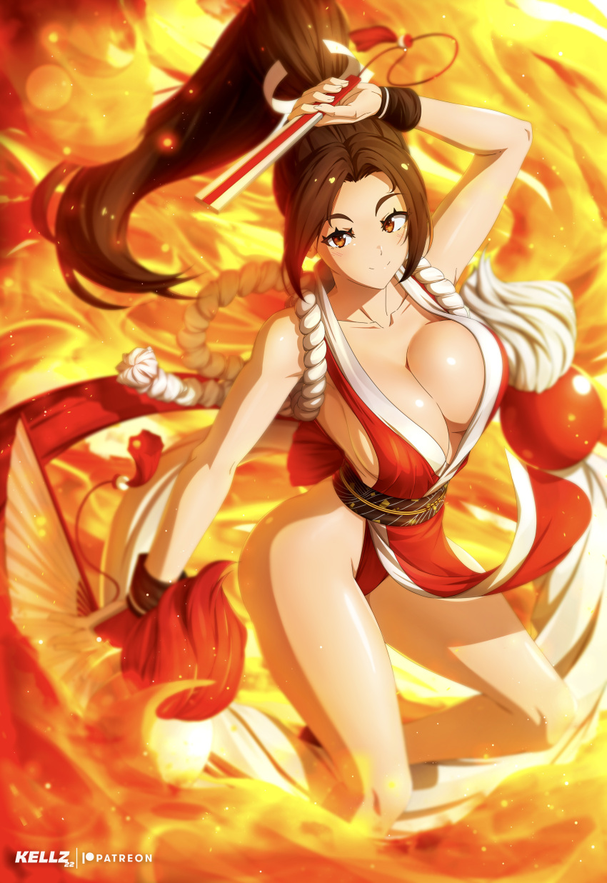 1girl absurdres arm_up artist_name bangs bare_shoulders breasts brown_eyes brown_hair cleavage collarbone commentary dual_wielding fatal_fury fire hair_ornament hand_fan highleg highres holding japanese_clothes kellzallday large_breasts long_hair looking_at_viewer ninja parted_bangs pelvic_curtain ponytail revealing_clothes rope shiny shiny_skin shiranui_mai simple_background sleeveless smile the_king_of_fighters thighs tied_hair