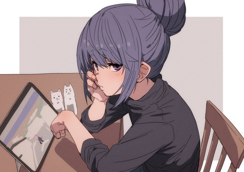1girl bangs beige_background black_sweater blue_hair border chair closed_mouth commentary eyebrows_visible_through_hair film_grain fu-ta hair_bun hand_on_own_cheek hand_on_own_face head_rest highres indoors light_blush long_hair long_sleeves looking_at_viewer outside_border purple_eyes shima_rin simple_background sitting solo sweater table tablet_pc upper_body white_border yurucamp