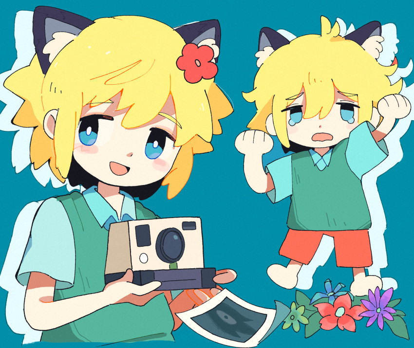 1boy animal_ears basil_(omori) blonde_hair blue_background blue_eyes blush camera cat_boy cat_ears eyebrows_visible_through_hair flower highres hishimatope holding holding_camera kemonomimi_mode looking_at_viewer male_focus omori open_mouth photo_(object) short_hair simple_background smile