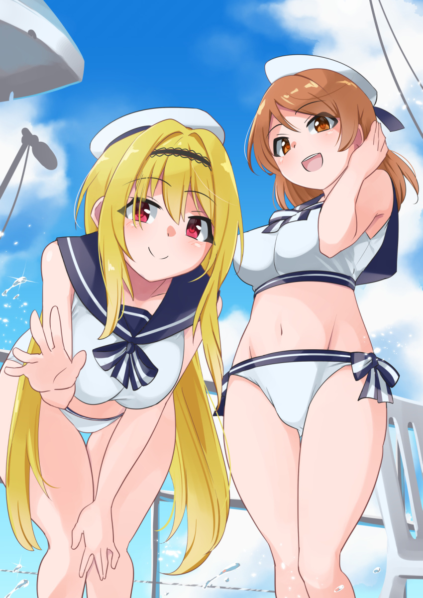 2girls bangs beret bikini black_hairband blonde_hair blue_bikini blue_bow blue_sailor_collar blue_sky bow breasts brown_hair chair closed_mouth cloud cloudy_sky day eyebrows_visible_through_hair groin hair_intakes hairband hand_in_hair hand_on_own_knee hat highres hojo_karen idolmaster idolmaster_cinderella_girls kurosaki_chitose large_breasts leaning_forward long_hair looking_at_viewer low_twintails medium_breasts medium_hair multiple_girls navel open_mouth outdoors railing red_eyes sailor_bikini sailor_collar sidelocks sky smile standing swimsuit thigh_gap twintails v water_drop waving white_bikini white_headwear yuuichi_(reductionblack)