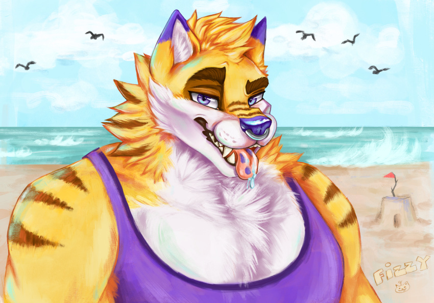 anthro beach canid canine eyebrows facial_piercing fizzywerekitty fluffy fox hi_res male mammal muscular nose_piercing nose_ring piercing seaside skai solo teeth tongue tongue_out