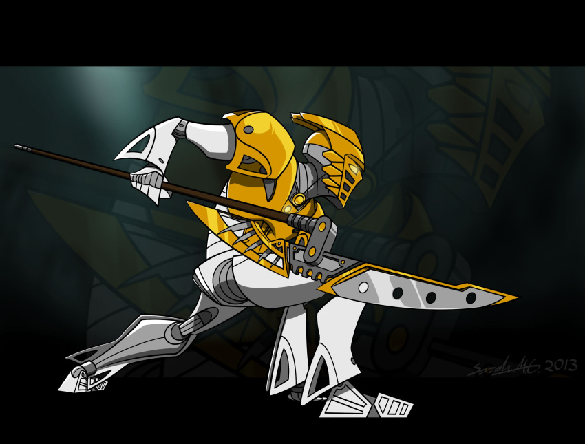 2013 5_fingers action_pose armor bionicle cornocte digital_drawing_(artwork) digital_media_(artwork) fingers gold_body hi_res holding_object holding_weapon humanoid lego machine male mask melee_weapon mouthless multicolored_body not_furry polearm pose robot simple_background solo spear staff takanuva text toa two_tone_body weapon white_body yellow_eyes