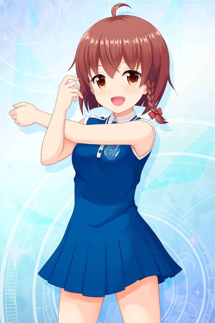 1girl absurdres ahoge alternative_girls blue_background blue_dress brown_eyes brown_hair dress emblem eyebrows_visible_through_hair highres looking_at_viewer official_art open_mouth short_hair sleeveless sleeveless_dress smile solo standing yuuki_miyaka