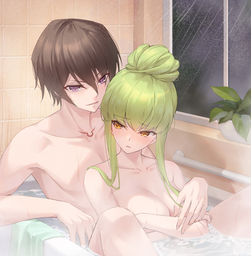 1boy 1girl alternate_hairstyle bangs bathing bathtub blush breasts brown_hair c.c. chinese_commentary cleavage code_geass collarbone commentary_request completely_nude convenient_arm convenient_censoring eyebrows_visible_through_hair green_hair hair_between_eyes hair_bun hetero highres indoors large_breasts lelouch_lamperouge long_hair looking_back nude open_mouth orange_eyes partially_submerged plant potted_plant purple_eyes short_hair sidelocks sitting v-shaped_eyebrows wet window