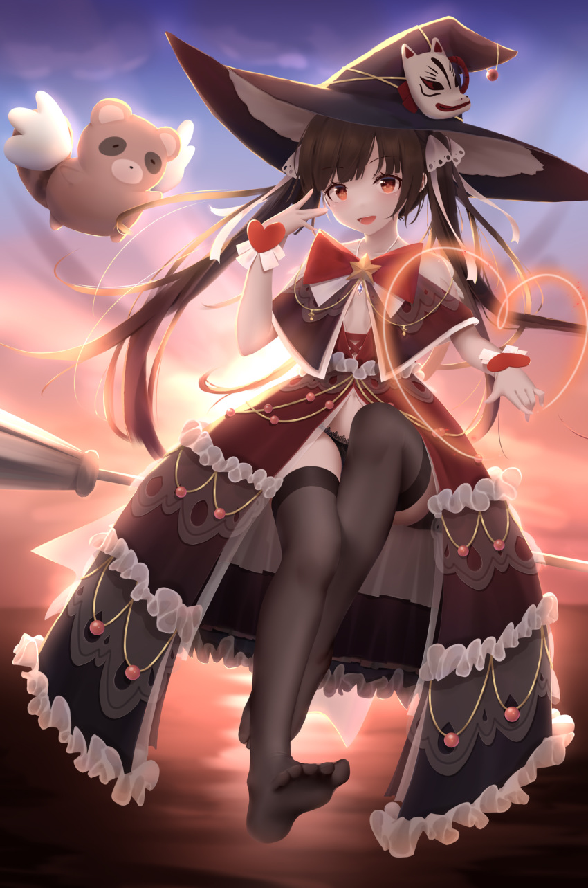 1girl animal bangs black_hair black_headwear black_legwear blue_sky bow broom broom_riding cloud commentary_request dress eyebrows_visible_through_hair fox_mask han_(hehuihuihui) hand_up hat heart highres horizon long_hair looking_at_viewer mask no_shoes ocean orange_eyes original outdoors raccoon red_bow red_dress sky soles solo star_(symbol) sunset thighhighs twintails very_long_hair water winged_animal witch_hat