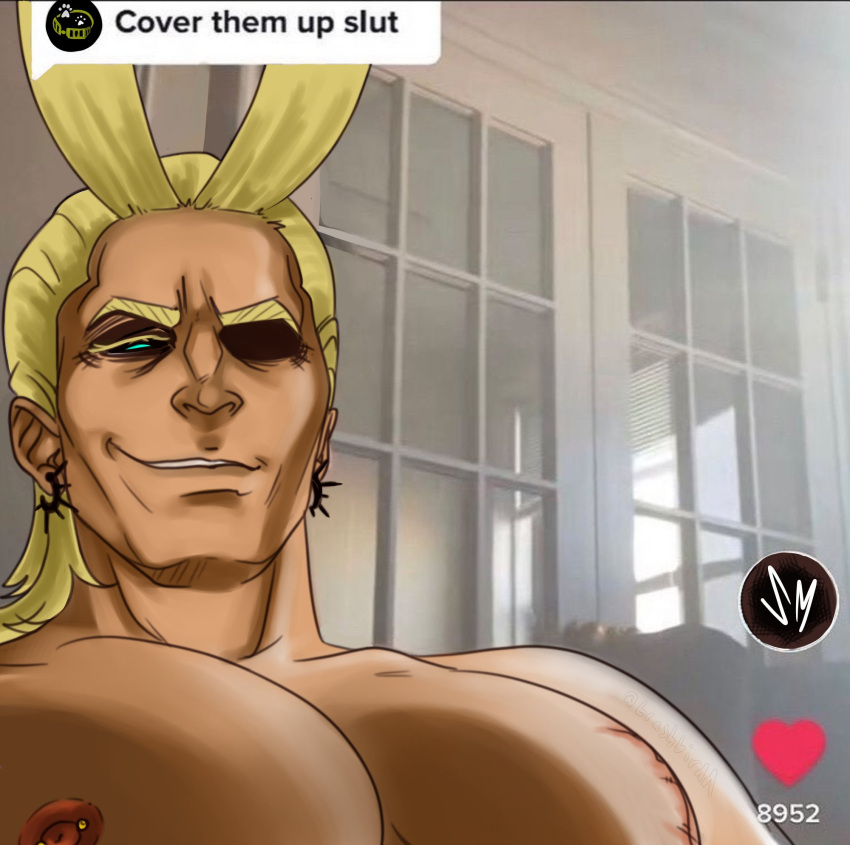 1boy all_might antenna_hair bara boku_no_hero_academia cover_them_up_slut_(meme) covered_eyes dark-skinned_male dark_skin deadbones_(trashbirdd) glowing glowing_eye hair_slicked_back highres large_pectorals looking_at_viewer male_focus mature_male meme muscular muscular_male nipples nude pectoral_focus pectorals seductive_smile short_hair sideburns smile solo tiktok upper_body