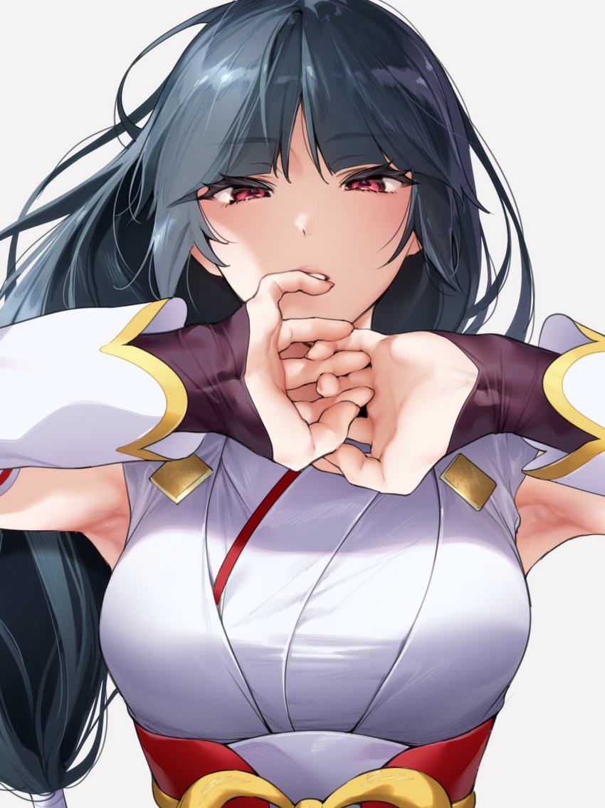 1girl armpits bangs black_hair breasts commentary_request detached_sleeves eyebrows_visible_through_hair eyelashes hands_up highres hizuki_akira long_hair looking_at_viewer official_alternate_costume own_hands_together parted_lips pokemon pokemon_(game) pokemon_masters_ex red_eyes red_sash sabrina_(pokemon) sash solo upper_body