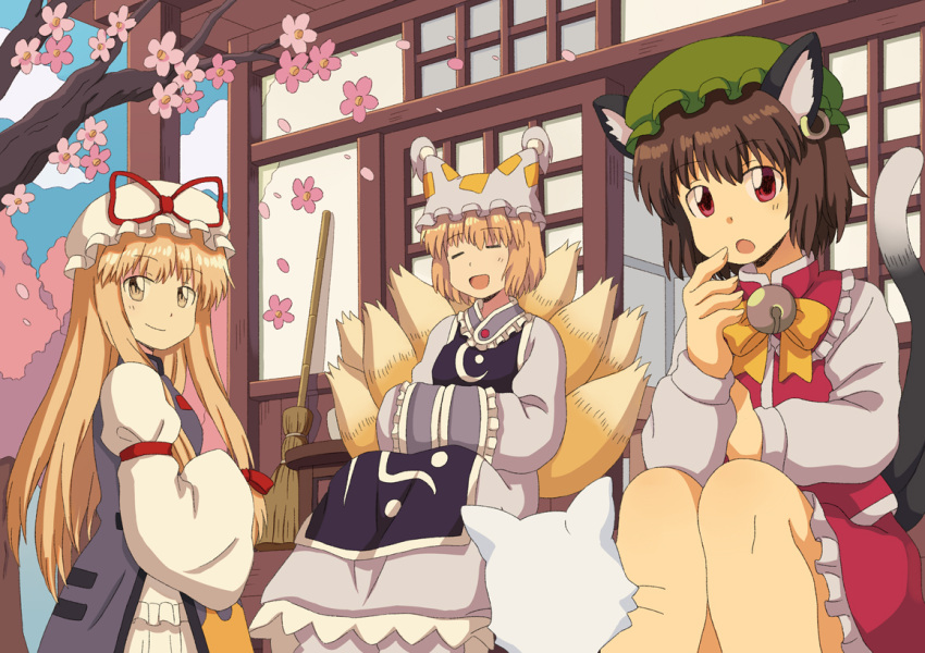 3girls :o =_= animal animal_ears bamboo_broom bangs bell blonde_hair bow bowtie broom brown_hair cat cat_ears cat_girl cat_tail chen cherry_blossoms closed_eyes closed_mouth cloud cowboy_shot day dress earrings eyebrows_visible_through_hair facing_viewer falling_petals feet_out_of_frame flower fox_girl fox_tail frilled_hat frilled_shirt_collar frills from_side green_headwear hair_bow hair_ribbon hand_on_lap hand_to_own_mouth hand_up hands_in_opposite_sleeves hat hat_bow high_collar hoop_earrings house jewelry jingle_bell kitsune kyuubi long_dress long_hair long_sleeves looking_at_animal looking_at_viewer looking_to_the_side mandarin_collar mob_cap multiple_girls multiple_tails neck_bell nekomata open_mouth outdoors petals pillow_hat pink_flower porch puffy_long_sleeves puffy_sleeves red_bow red_eyes red_ribbon red_skirt red_vest renzaoshen ribbon short_hair shouji single_earring sitting skirt skirt_set sleeve_garter sliding_doors smile stool tabard tail tail_raised tassel touhou tree tress_ribbon two_tails veranda vest white_cat white_dress white_headwear wide_sleeves wind yakumo_ran yakumo_yukari yellow_bow yellow_bowtie yellow_eyes