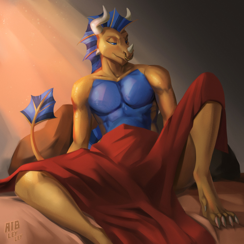 absurd_res aib_leyley ambiguous_gender anthro bed bedding bedroom belly blanket blue_belly blue_eyes covering dragon facial_piercing furniture hi_res horn looking_down male muscular muscular_anthro muscular_male nose_piercing piercing scales solo yellow_body