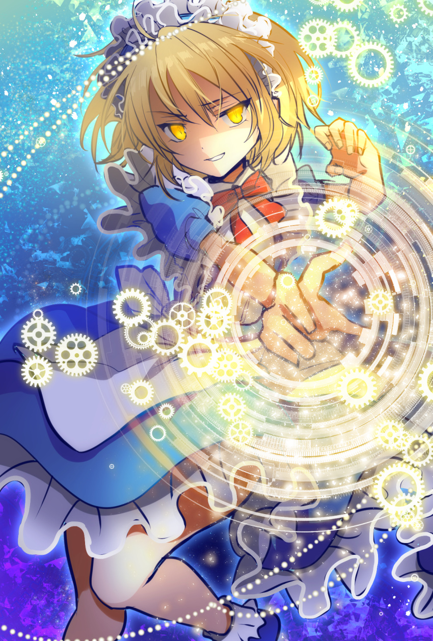 1girl apron blonde_hair blue_dress blue_footwear bobby_socks bow bowtie collared_dress dress foot_out_of_frame frilled_apron frilled_dress frills grin highres looking_at_viewer magic_circle mugetsu_(touhou) puffy_short_sleeves puffy_sleeves red_bow red_bowtie sea_scorpion_(umisasori) short_hair short_sleeves smile socks touhou touhou_(pc-98) white_apron white_legwear yellow_eyes