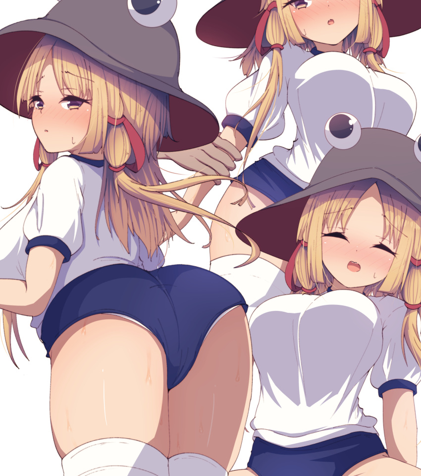 1girl 1other alternate_breast_size alternate_costume arm_grab ass bangs blonde_hair blush breasts brown_headwear buruma commentary_request darumoon eyebrows_visible_through_hair eyelashes from_behind furrowed_brow hair_ribbon highres large_breasts long_hair looking_at_viewer moriya_suwako multiple_views open_mouth panties panty_peek parted_bangs pyonta red_ribbon ribbon shiny shiny_skin shirt sidelocks standing sweat sweatdrop thighhighs thighs touhou underwear white_background white_legwear white_shirt yellow_eyes