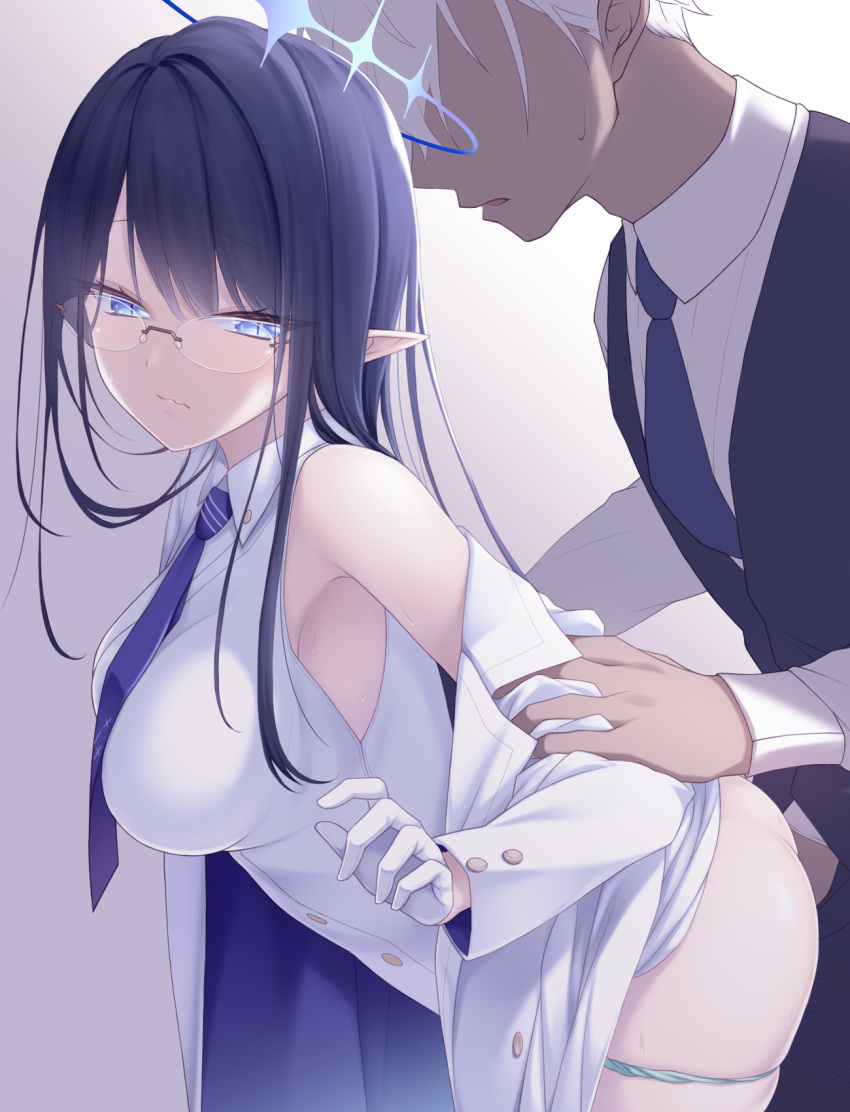 1boy 1girl arm_grab ass bangs bare_shoulders bent_over black_hair black_neckwear blue_archive blue_eyes blue_necktie blue_neckwear blush breasts closed_mouth clothed_sex collared_shirt elf eyebrows_visible_through_hair formal glasses gloves halo hetero highres jacket large_breasts long_hair long_sleeves midorino_eni necktie off_shoulder panties panty_pull pointy_ears rin_(blue_archive) sex sex_from_behind shirt sleeveless sleeveless_shirt standing standing_sex suit sweat underwear vaginal wavy_mouth white_gloves white_hair white_panties white_shirt