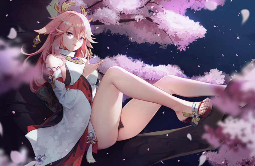 1girl animal_ears bangs bare_legs blurry blurry_foreground branch cherry_blossoms cherry_tree closed_mouth detached_sleeves earrings falling_petals fox_ears genshin_impact hair_between_eyes hair_ornament in_tree jewelry long_hair looking_at_viewer night night_sky pendant petals pink_hair purple_eyes sandals shirt sitting sitting_in_tree sky sleeveless sleeveless_shirt solo toes tree vision_(genshin_impact) white_shirt wide_sleeves y.i._(lave2217) yae_miko