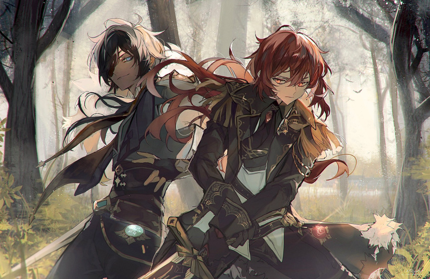 2boys black_hair blue_eyes commentary_request cowboy_shot day diluc_(genshin_impact) eyepatch forest genshin_impact grass highres holding holding_sword holding_weapon kaeya_(genshin_impact) long_sleeves long_sword male_focus multiple_boys nature outdoors red_hair short_hair smile standing sword utsuhostoria weapon