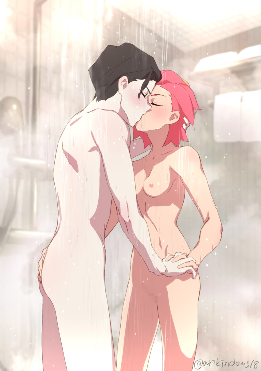 1boy 1girl amanda_o'neill andrew_hanbridge arikindows10 ass_grab black_hair blush breasts closed_eyes collarbone hetero highres interlocked_fingers kiss little_witch_academia navel nipples nude orange_hair pussy short_hair showering small_breasts standing wet