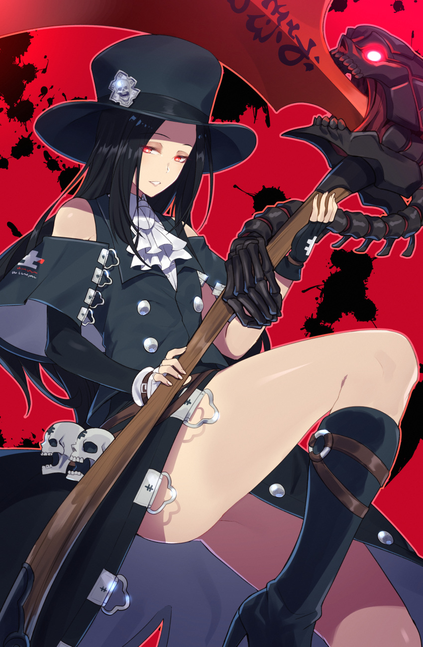 1other absurdres androgynous ass bare_shoulders black_gloves black_hair boots fingerless_gloves gloves grin guilty_gear guilty_gear_strive hat high_heels highres holding holding_staff long_hair looking_at_viewer red_eyes smile staff testament_(guilty_gear) tomoyohi top_hat