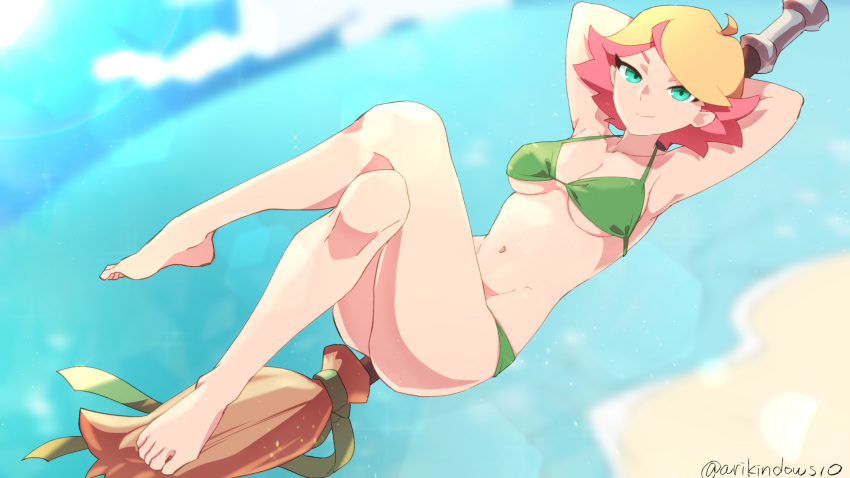 1girl amanda_o'neill arikindows10 armpits arms_behind_head ass bikini blue_eyes blush breasts broom broom_riding cleavage closed_mouth collarbone green_bikini highres large_breasts little_witch_academia looking_at_viewer lying navel ocean on_back orange_hair outdoors short_hair smile solo swimsuit witch