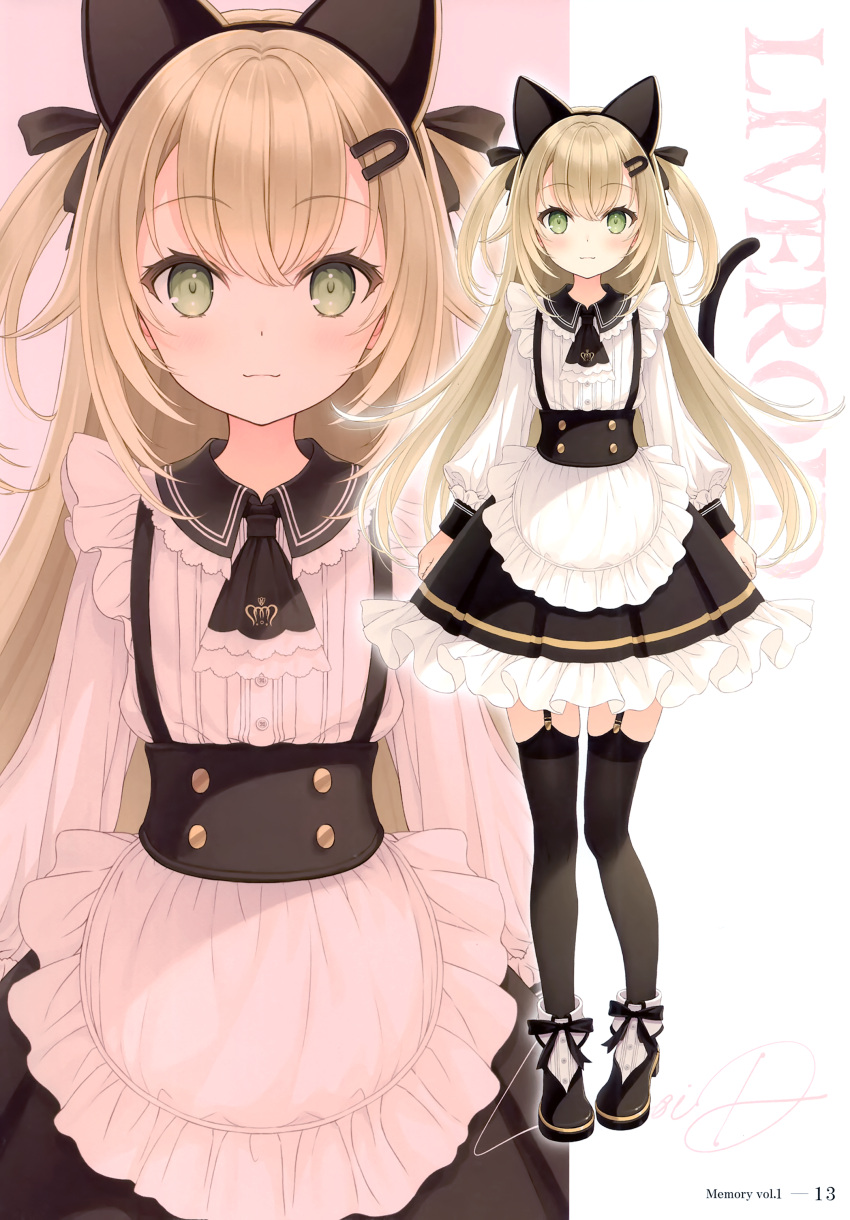 1girl absurdres animal_ears apron bangs black_legwear blonde_hair blush buttons cat_ears cat_tail dress eyebrows_visible_through_hair fake_animal_ears frilled_skirt frills full_moon garter_straps green_eyes hair_ornament hairclip highres long_hair long_sleeves looking_at_viewer moon original page_number scan shoes short_dress short_twintails simple_background skirt smile solo tail thighhighs tied_hair twintails waist_apron yashiro_seika zettai_ryouiki zoom_layer