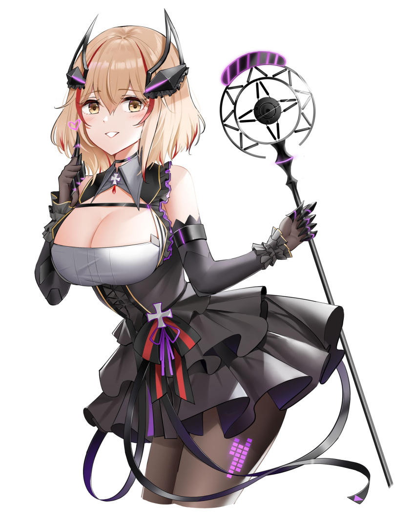 1girl azur_lane bangs black_dress black_gloves black_legwear blonde_hair blush breasts cleavage commentary cropped_legs dress elbow_gloves eyebrows_visible_through_hair gloves grin hair_between_eyes hand_up headgear heart highres holding large_breasts layered_dress looking_at_viewer multicolored_hair pantyhose qing_wu red_hair roon_(azur_lane) short_dress short_hair simple_background sleeveless sleeveless_dress smile solo standing streaked_hair thighs white_background yellow_eyes
