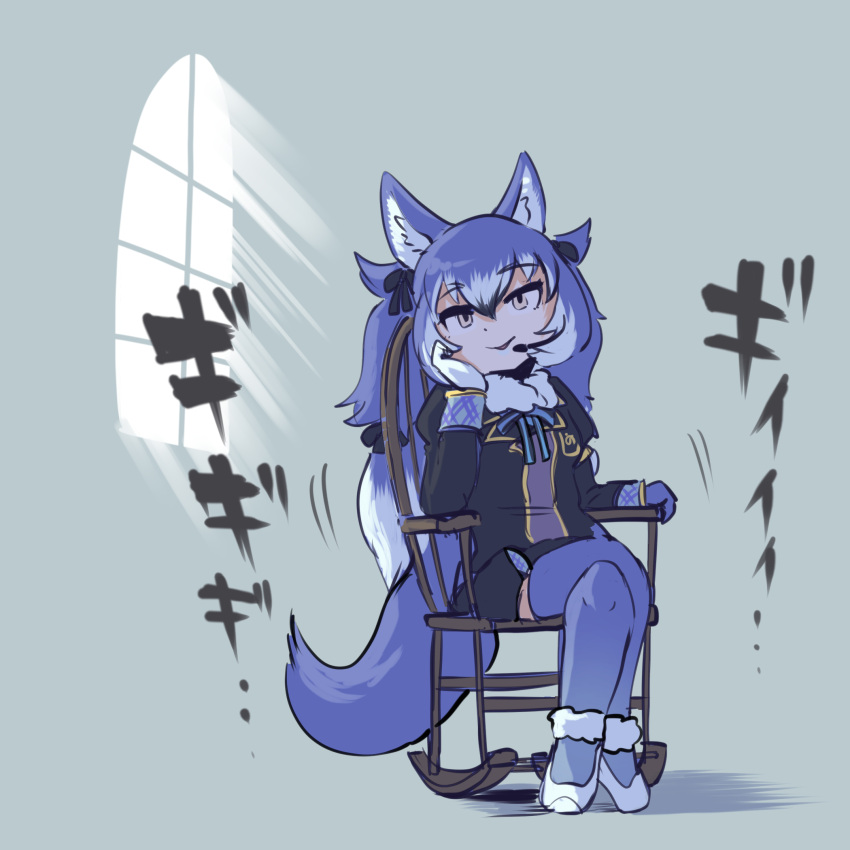 animal_ears black_coat blue_hair blue_legwear blue_neckwear blue_skirt chair coat commentary_request dire_wolf_(kemono_friends) eyebrows_visible_through_hair fur_collar gloves grey_hair head_on_hand highres japari_symbol kemono_friends kemono_friends_v_project long_hair long_sleeves mcgunngu microphone multicolored_hair neck_ribbon plaid_trim pleated_skirt ribbon rocking_chair sitting skirt tail thighhighs twintails white_fur white_gloves white_hair wolf_ears wolf_girl wolf_tail yellow_eyes zettai_ryouiki