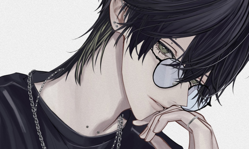 1boy aromaflower0 bishounen black_hair body_piercings commentary_request eyewear_on_head green_eyes hair_between_eyes hand_on_own_face highres jewelry lips looking_at_viewer male_focus necklace nose original ring simple_background solo white_background