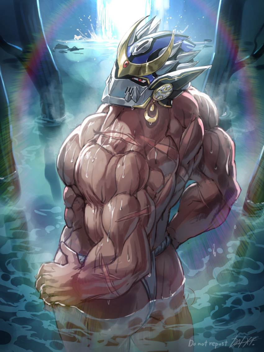 abs artist_name ass bara biceps dai-xt dark-skinned_male dark_skin ear_piercing earrings fundoshi hand_on_hip helmet highres huge_ass japanese_clothes jewelry looking_at_viewer looking_back male_focus male_underwear manly muscular muscular_male night pectorals piercing rainbow scar scar_on_arm scar_on_back shiva_(housamo) signature thick_arms thick_thighs thighs tokyo_afterschool_summoners tree underwear water waterfall wet