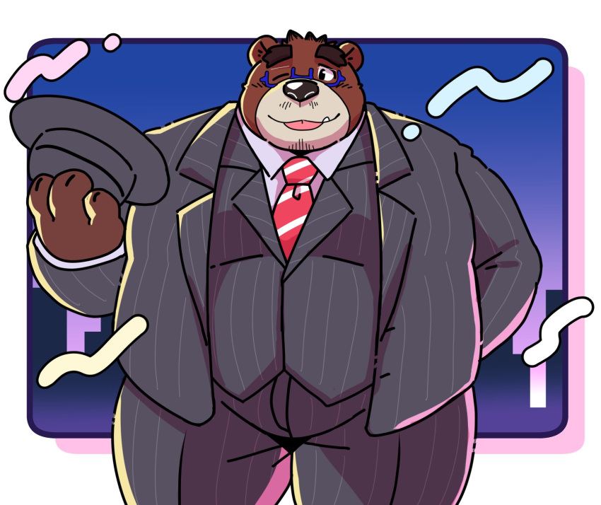 12beat13 2022 anthro black_nose bottomwear brown_body clothing eyewear glasses hi_res humanoid_hands kemono male mammal mature_male necktie one_eye_closed overweight overweight_male pants shirt solo suit topwear ursid wink